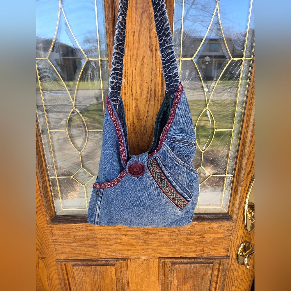 Current Seen denim Boho Hobo Bag with Embroidered Trim